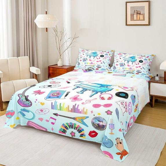 Manfei Colorful Guitar Full Size Sheets,Music Instruments Piano Bed Sheets,Pink Music Notes Sheet Sets For Girls,Microfiber Bedroom Decor,4-Piece