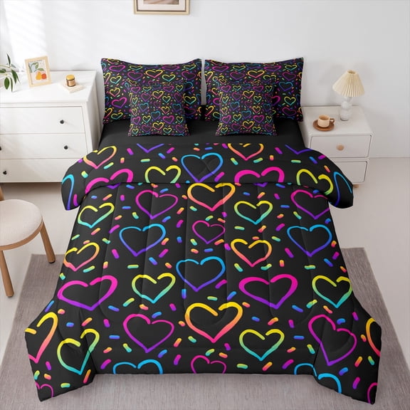 Manfei Colorful Heart Print Bedding Comforter Set 7-Piece,Rainbow Loves Pattern King Bedding Sets,Pink Blue Black Bed Sheets For Child,Luxury Bedroom Decor Reversible
