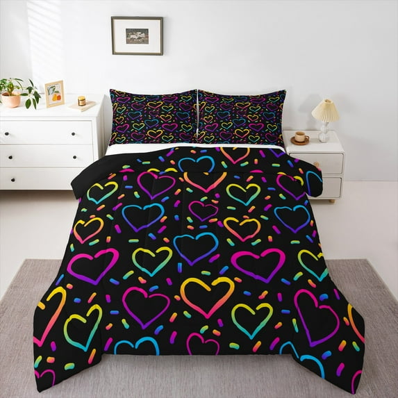Manfei Colorful Heart Print Queen Comforter Set,Rainbow Loves Pattern Bedding Sets,Pink Blue Black Bedding Comforter Set For Child,Luxury Bedroom Decor Reversible,3-Piece
