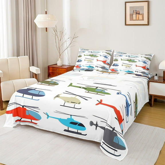 Manfei Colorful Helicopter Bed Sheets 4pcs for Boys, Air Transportation King Sheets, Aircraft Airplane Sheet Set, Lightweight Room Decor