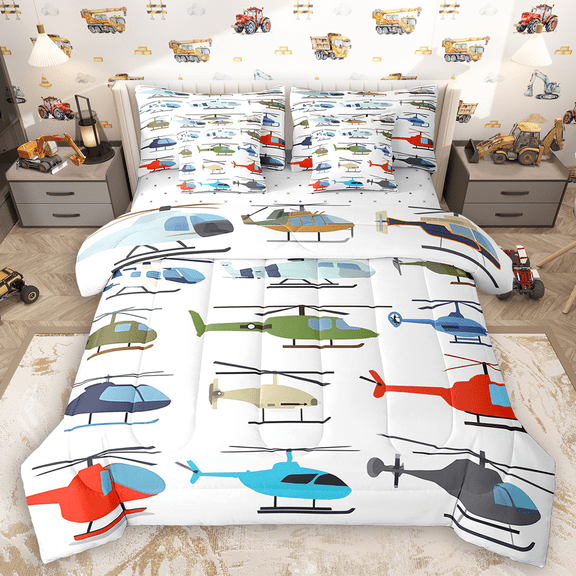 Manfei Colorful Helicopter Bedding Comforter Set 7pcs for Boys, Air Transportation King Bedding Sets, Aircraft Airplane Bed Sheets, Lightweight Room Decor