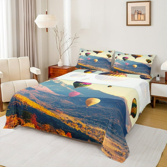 Manfei Colorful Hot Air Balloon Full Size Sheets,Natural Landscape Bed Sheets,Tropical Botanical Mountain Sheet Sets For Child,Ultra Soft Home Decor,4-Piece