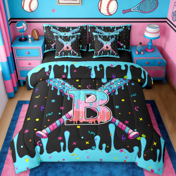 Manfei Colorful Initial Letter B 7-Piece Twin Bedding Sets,Baseball Bat Pattern Bedding Comforter Set For Ball Game Lover Reversible
