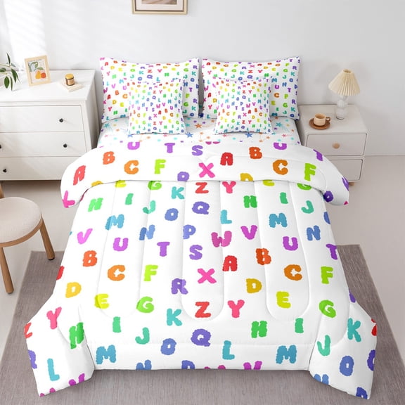 Manfei Colorful Initial Letter Bedding Comforter Set 7pcs, Cartoon Monogrammed Queen Bedding Sets, Teen Boy Girl Kid Reversible Queen Sheet Sets, Ultra Soft Home Decor