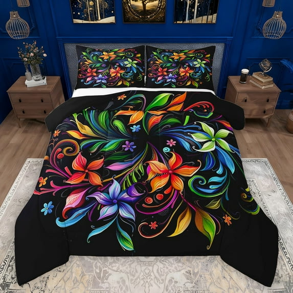 Manfei Colorful Leaf Full Size Comforter Sets,Rustic Botanical Bedding Comforter Set,Boho bohemian Style Bedding Sets For Kids,Breathable Home Decor Reversible,3pcs