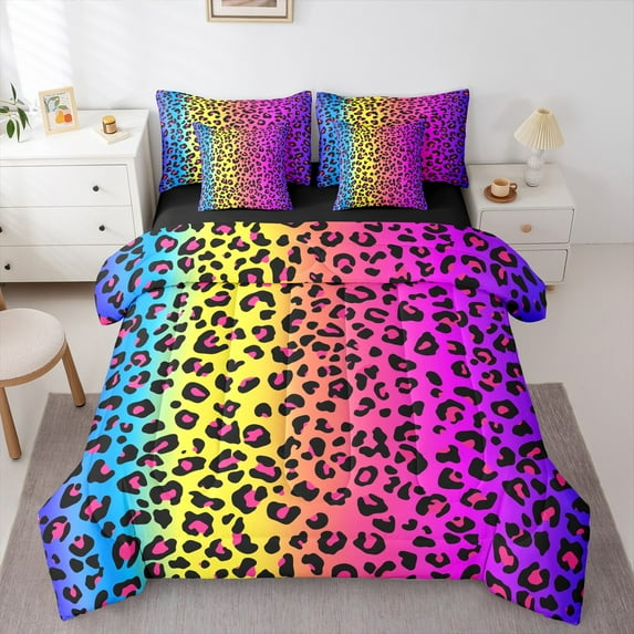 Manfei Colorful Leopard Print Bedding Comforter Set 7pcs,Jungle Animal Cheetah Queen Bedding Sets,Pink Purple Yellow Blue Queen Sheet Sets For Girls,Microfiber Bedroom Decor Reversible