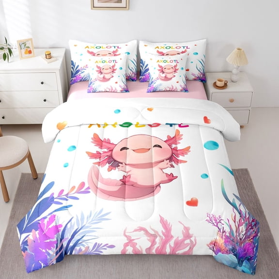 Manfei Colorful Letter Twin Bedding,Cute Axolotl Bedding Comforter Set For Girls,Pink Multicolor,Pink Reversible,7-Piece