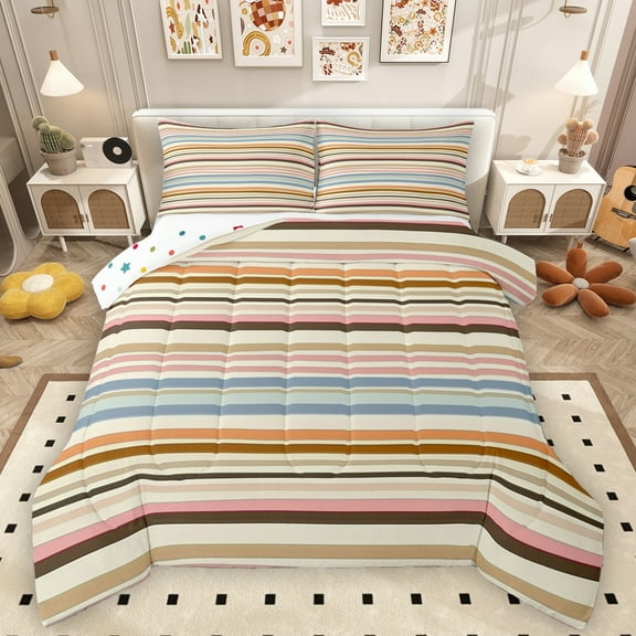 Manfei Colorful Lines Queen Comforter Set,Modern Geometric Art Bedding Sets,Stripes Print Bedding Comforter Set For Adults,Microfiber Bedroom Decor Reversible,3-Piece