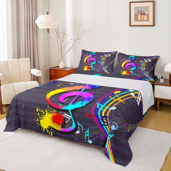 Manfei Colorful Mucic Melody Twin Sheet Sets,Watercolor Splashing Ink Twin Fitted Sheet,Musical Theme Flat Sheet For Girls,Super Cozy Room Decor,3 Pieces