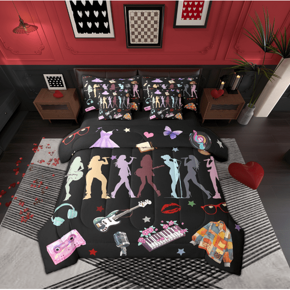 Manfei Colorful Music Girl Bedding Comforter Set 7-Piece,Musical Instruments Pinao King Bedding Sets,Cute Cat Bed Sheets For Princess,Ultra Soft Home Decor,Reversible