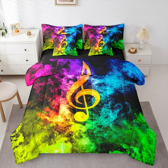 Manfei Colorful Music Note 7pcs Bedding Comforter Set,Rock Music Themed Queen Bedding Sets,Rainbow Musical Pattern Queen Sheet Sets For Child,Breathable Home Decor Reversible