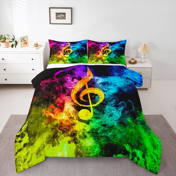 Manfei Colorful Music Note Full Size Comforter Sets,Rock Music Themed Bedding Comforter Set,Rainbow Musical Pattern Bedding Sets For Child,Breathable Home Decor Reversible,3 Pieces