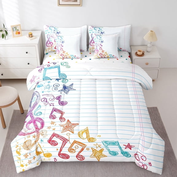 Manfei Colorful Musical Note Bedding Comforter Set 7pcs for Kids, Blue Stripes Geometric Queen Bedding Sets, Modern Music Reversible Queen Sheet Sets, Lightweight Room Decor