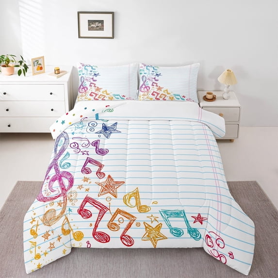 Manfei Colorful Musical Note Bedding Comforter Set for Kids, Blue Stripes Geometric Twin Comforter Sets, Modern Music Reversible Bedding Set, Lightweight Room Decor, 2-Piece