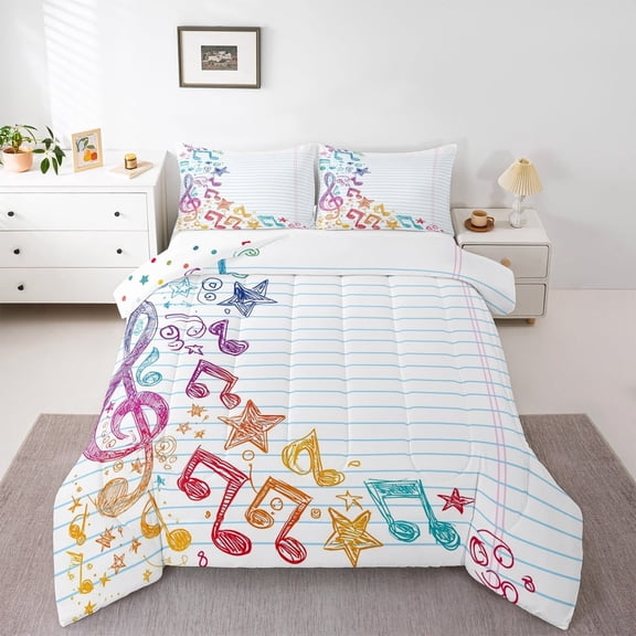 Manfei Colorful Musical Note Queen Comforter Set for Kids, Blue Stripes Geometric Bedding Sets, Modern Music Reversible Bedding Comforter Set, Lightweight Room Decor, 3-Piece