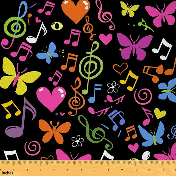 Manfei Colorful Musical Notes Fabric by the Yard (1 Yard) for Kids, Rainbow Butterfly Decorative Fabric by the Yard, Love Heart Print Sewing & Crafting Fabric