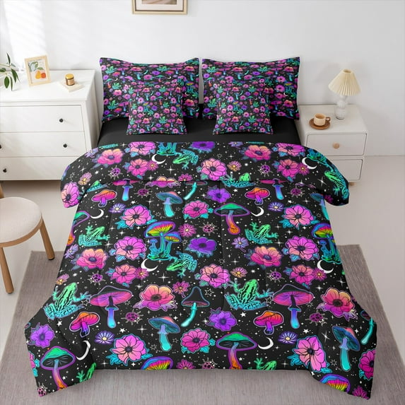 Manfei Colorful Neon Mushroom 7pcs Bedding Comforter Set,Country Flower Floral Queen Bedding Sets,Cute Frog Queen Sheet Sets For Girl Child,Microfiber Bedroom Decor Reversible