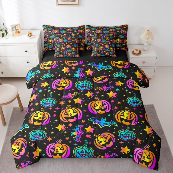 Manfei Colorful Neon Pumpkin Lantern 7 Pieces Bedding Comforter Set,Happy Halloween Full Bedding Set,Stars Print Fitted Sheet Flat Sheet For Teens,Ultra Soft Home Decor Reversible