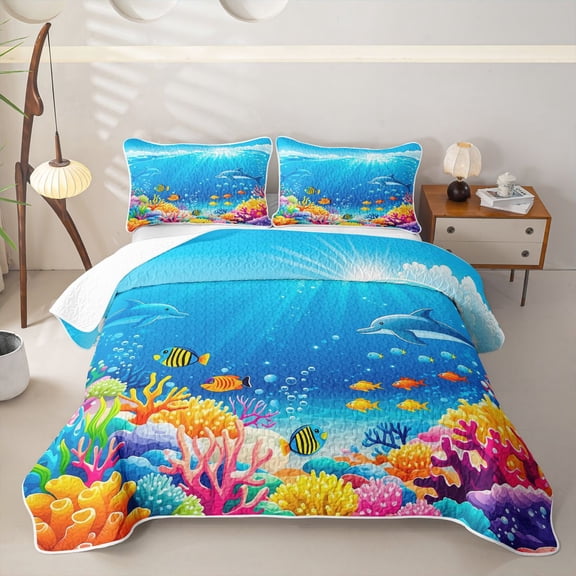 Manfei Colorful Ocean Plant Bed Spread Queen,Ocean Themed Art Queen Coverlet Set,3pcs