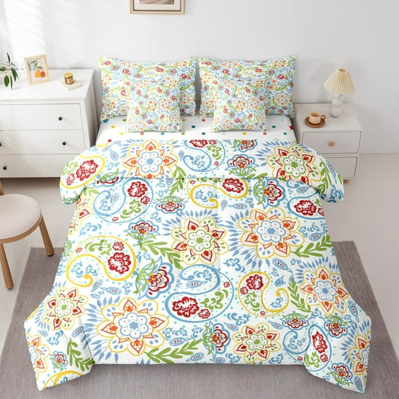 Manfei Colorful Paisley Floral 7 Pieces Bedding Comforter Set,Retro Boho Flower Full Bedding Set,bohemian Theme Fitted Sheet Flat Sheet For Girls,Ultra Soft Home Decor Reversible