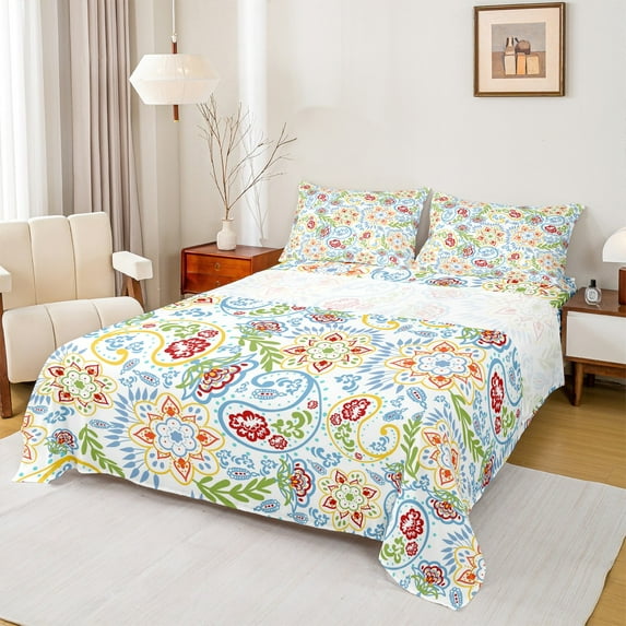 Manfei Colorful Paisley Floral Bed Sheets,Retro Boho Flower King Sheets,bohemian Theme Sheet Set For Girls,Ultra Soft Home Decor,4 Pieces