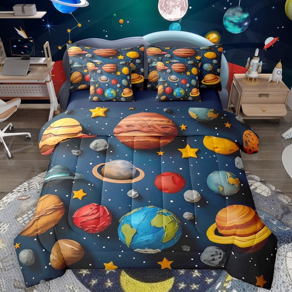 Manfei Colorful Planet 7pcs Bedding Comforter Set,Oil Painting Aesthetic Queen Bedding Sets,Cartoon Stars Print Queen Sheet Sets For Boys Kids,Microfiber Bedroom Decor Reversible