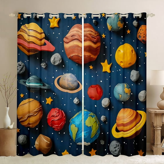Manfei Colorful Planet Blackout Curtains Set of 2 (52x84 Each),Oil Painting Aesthetic Window Curtains,Cartoon Stars Print Curtains and Drapes For Boys Kids,Microfiber Bedroom Decor
