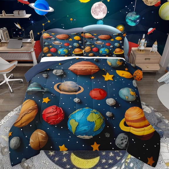 Manfei Colorful Planet Queen Comforter Set,Oil Painting Aesthetic Bedding Sets,Cartoon Stars Print Bedding Comforter Set For Boys Kids,Microfiber Bedroom Decor Reversible,3pcs