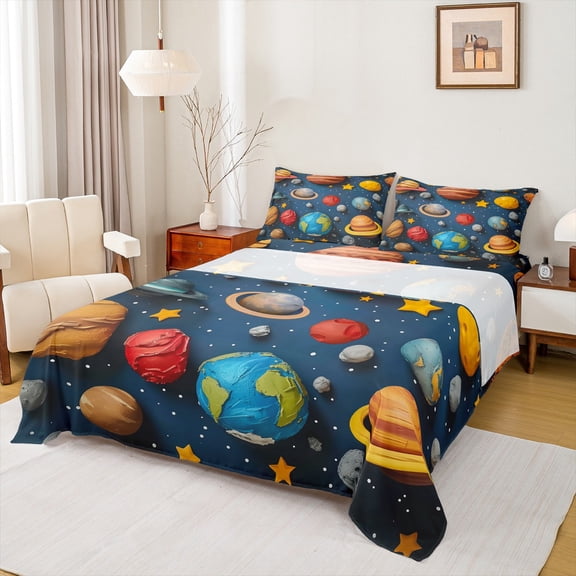 Manfei Colorful Planet Twin Sheet Sets,Oil Painting Aesthetic Twin Fitted Sheet,Cartoon Stars Print Flat Sheet For Boys Kids,Microfiber Bedroom Decor,3-Piece