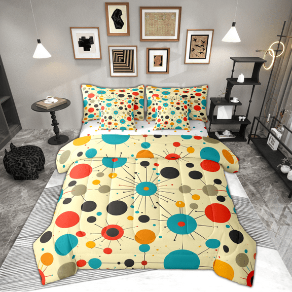 Manfei Colorful Polka Dot Bedding Comforter Set 7-Piece, Mid Century Minimalism King Bedding Sets, Vintage Abstract Reversible Bed Sheets, Super Cozy Room Decor