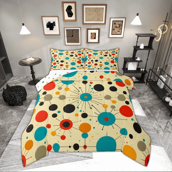 Manfei Colorful Polka Dot Full Size Comforter Sets, Mid Century Minimalism Bedding Comforter Set, Vintage Abstract Reversible Bedding Sets, Super Cozy Room Decor, 3-Piece