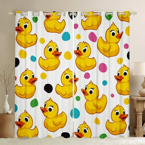 Manfei Colorful Polka Dots Curtains and Drapes,Cute Duck Black Out Curtains,Yellow White Curtains Pack of 2 (52x63 Each) For Kids,Super Cozy Room Decor