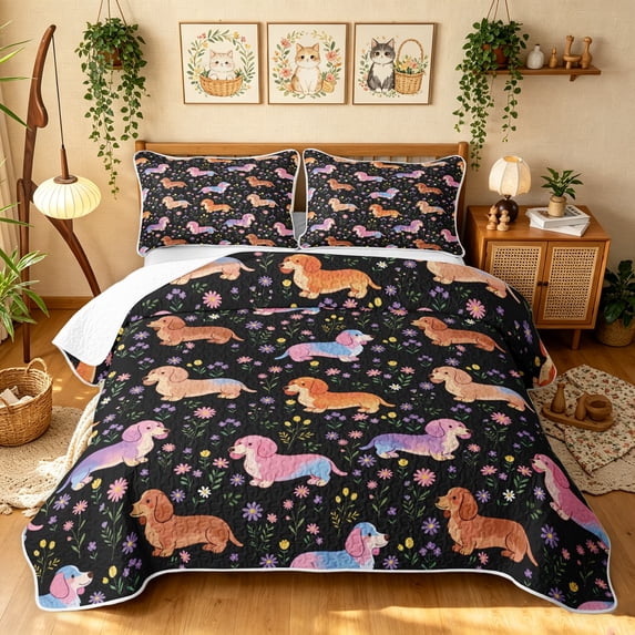 Manfei Colorful Puppy Bed Spread Queen, Spring Floral Queen Coverlet Set, Black Brown, 3-Piece, 1 Quilt and 2 Pillowcases