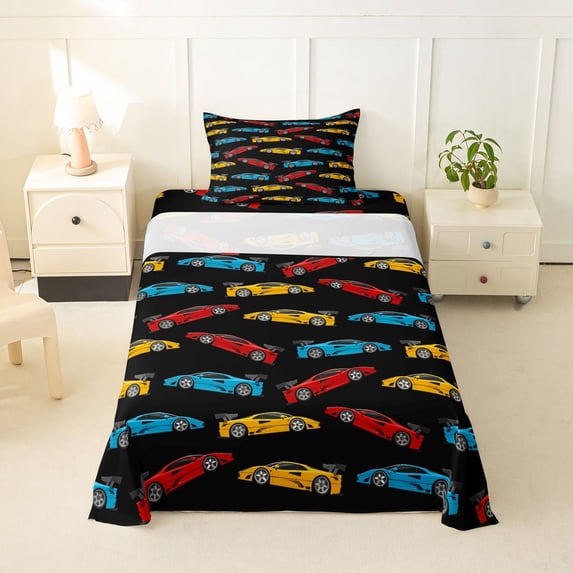 Manfei Colorful Race Car Twin Sheets,Classic Kid Art Bedding,Black,3 Pieces,1 Fitted Sheet and 1 Pillowcase