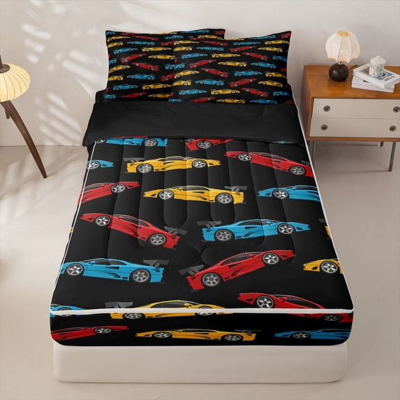 Manfei Colorful Race Car Zipper Twin Comforter Sets with Fitted Sheet and 2 Pillowcases,Classic Kid Art Zipper Bedding Set,Black,Black Reversible,4pcs