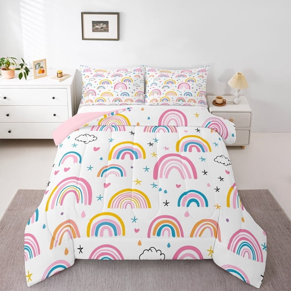 Manfei Colorful Rainbow Full Size Comforter Sets,Fairy Tale Theme Bedding Comforter Set,Cute Stars Hreart Print Bedding Sets For Girls,Luxury Bedroom Decor Reversible,3-Piece