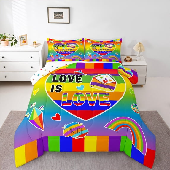 Manfei Colorful Rainbow Stripes Bedding Comforter Set,Heart Diamond Print Twin Comforter Sets,Gradient Green Blue Bedding Set For Girl Boy,Ultra Soft Home Decor Reversible,2pcs