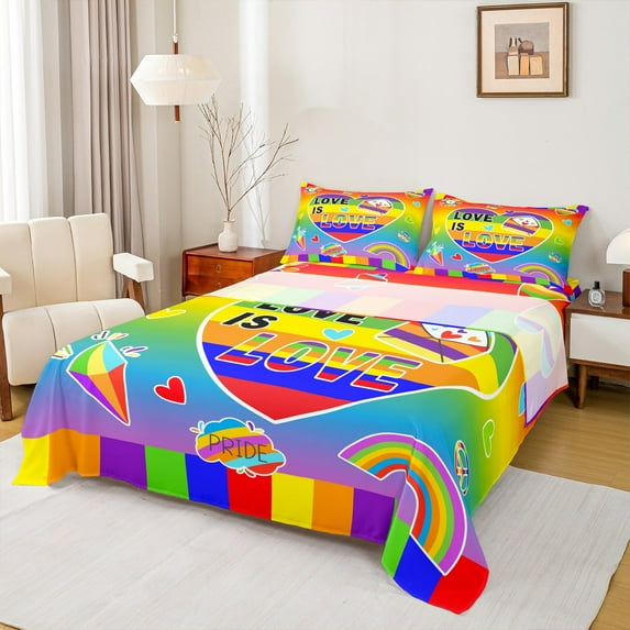 Manfei Colorful Rainbow Stripes Queen Sheet Sets,Heart Diamond Print Flat Sheet,Gradient Green Blue Queen Fitted Sheet For Girl Boy,Ultra Soft Home Decor,4 Pieces