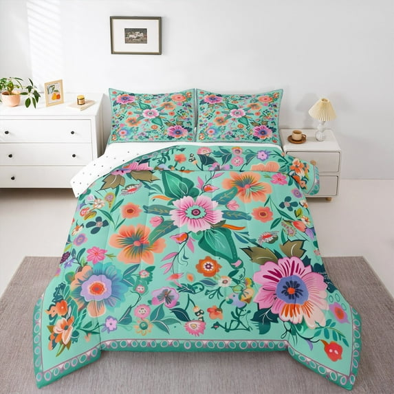 Manfei Colorful Retro Floral King Size Comforter Sets,Country Flower Bedding Comforter Set,Cyan Pink Green Bedding Set For Girl Teens,Breathable Home Decor Reversible,3 Pieces
