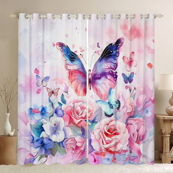 Manfei Colorful Romantic Flower Blackout Curtains Set of 2 (52x84 Each),Vintage Butterflies Window Curtains,Pink Blue Curtains and Drapes For Girls,Ultra Soft Home Decor