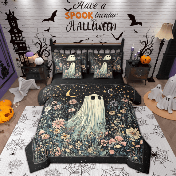 Manfei Colorful Rustic Flower 7 Pieces Bedding Comforter Set,Halloween Ghost Full Bedding Set,Retro Daisy Floral Fitted Sheet Flat Sheet For Girls Boys,Super Cozy Room Decor Reversible