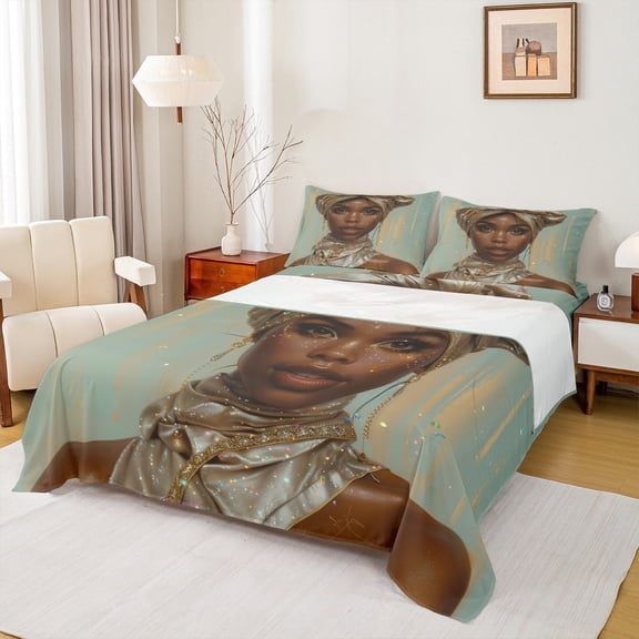 Manfei Colorful Sequin Queen Sheet Set (4-Piece) Western Black Girl African Princess Microfiber Decor