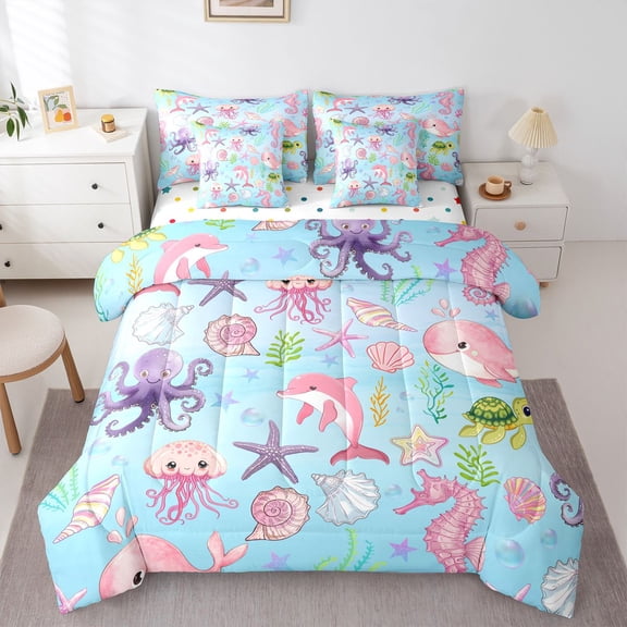 Manfei Colorful Shells 7pcs Queen Bedding,Cute Dolphins Bedding Comforter Set Queen,Polkadot Reversible