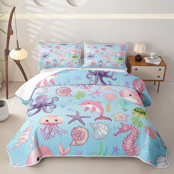 Manfei Colorful Shells Bed Spread Queen,Cute Dolphins Queen Coverlet Set,3-Piece
