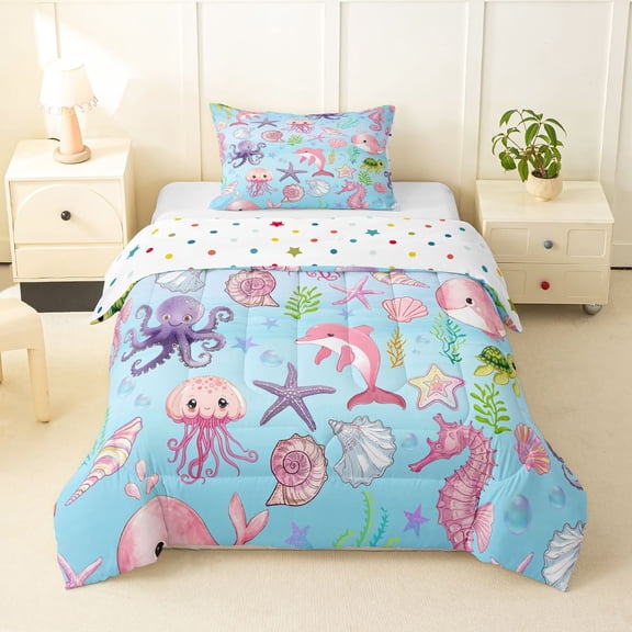 Manfei Colorful Shells Twin Comforter Sets,Cute Dolphins Bedding Set,Polkadot Reversible,2pcs,1 Comforter and 1 Pillowcase