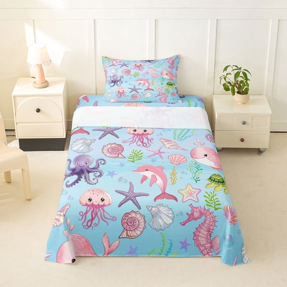 Manfei Colorful Shells Twin Sheets,Cute Dolphins Bedding,3pcs,1 Fitted Sheet and 1 Pillowcase