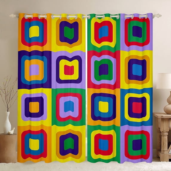 Manfei Colorful Square Geometric Blackout Curtains Set of 2 (52x84 Each), Cartoon Rectangle Window Curtains, Teen Kid Child Curtains and Drapes, Black Out Curtains Home Decor