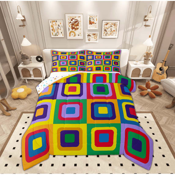 Manfei Colorful Square Geometric Full Size Comforter Sets, Cartoon Rectangle Bedding Comforter Set, Teen Kid Child Reversible Bedding Sets, Ultra Soft Home Decor, 3 Pieces