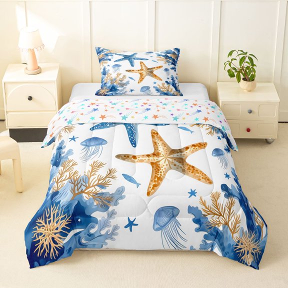 Manfei Colorful Starfish Twin Comforter Sets,Cute Sea Plant Bedding Set,Colorful Stars Reversible,2 Pieces,1 Comforter and 1 Pillowcase