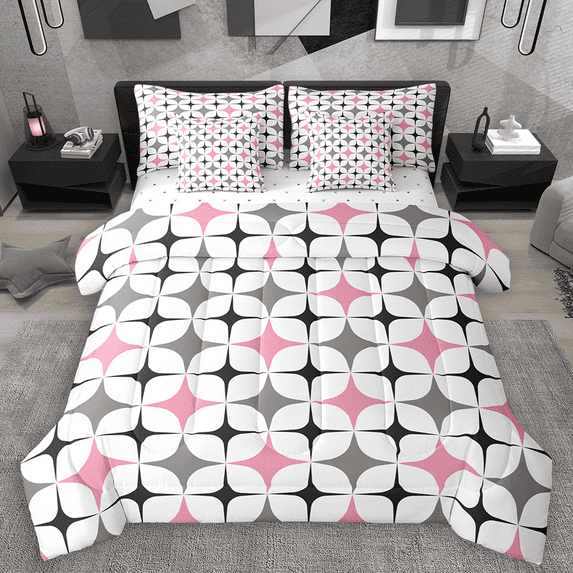 Manfei Colorful Stars Bedding Comforter Set 7 Pieces, Modern Geometric Art Queen Bedding Sets, Abstract White Gray Pink Queen Sheet Sets, Luxury Bedroom Decor